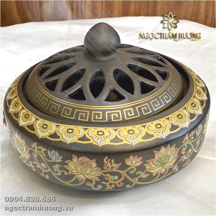 Lư đốt trầm bằng sứ Bát Tràng màu nâu